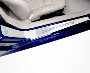 1997-2004 C5/Z06 CORVETTE - OUTER DOOR SILLS ETCHED C5 LOGO & CORVETTE LETTERING 2PC| BRUSHED STAINLESS