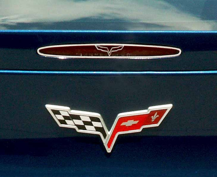 2005-2013 C6 CORVETTE - 5TH BRAKE LIGHT TRIM CROSSED FLAGS STYLE  POLISHED STAINLESS STEEL