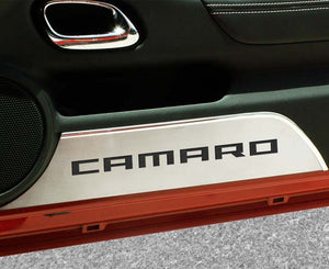 2010-2015 CAMARO - DOOR PANEL KICK PLATES 'CAMARO' 2PC | BRUSHED STAINLESS, CHOOSE INLAY COLOR