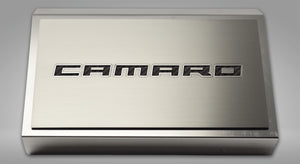 2016-2021 CAMARO - FUSE BOX COVER BRUSHED W/BRUSHED CAMARO TOP PLATE | STAINLESS STEEL, CHOOSE COLOR