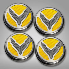 Load image into Gallery viewer, 2020-2024 C8 CORVETTE COUPE - CAP COVER SET 4PC CARBON FIBER INSERTS WITH STAINLESS CROSSED FLAGS LOGO | POLISHED/BRUSHED FINISH
