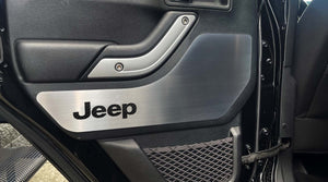 2007-2018 JEEP WRANGLER JK - FRONT DOOR GUARDS BRUSHED W/JEEP LOGO, REAR DOOR BADGES PLAIN BRUSHED 4PC | CHOOSE COLOR