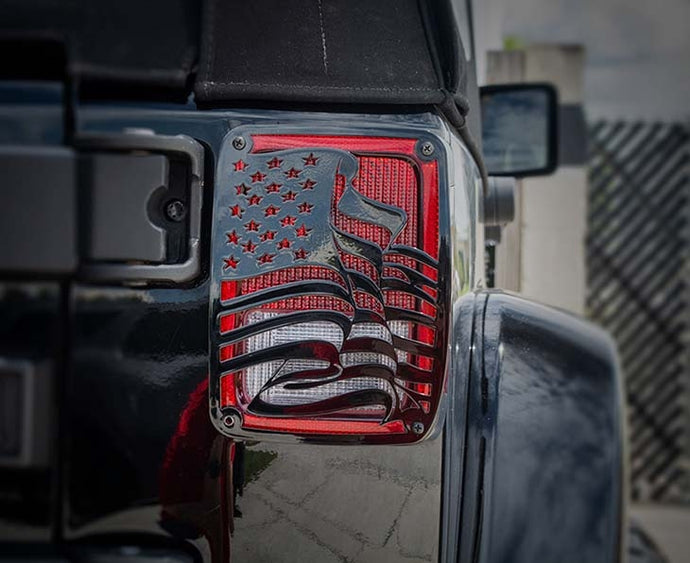 2007-2018 JEEP WRANGLER JK/JKU - US FLAG TAIL LIGHT COVERS | STAINLESS STEEL, CHOOSE FINISH | BLACK POWDER COAT