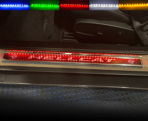 2015-2023 HELLCAT/DEMON REDEYE CHALLENGER - LED HELLCAT DOOR SILLS | STAINLESS W/REAL CARBON FIBER OVERLAY, CHOOSE COLOR