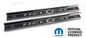 2015-2023 HELLCAT/DEMON REDEYE CHALLENGER - LED HELLCAT DOOR SILLS | STAINLESS W/REAL CARBON FIBER OVERLAY, CHOOSE COLOR