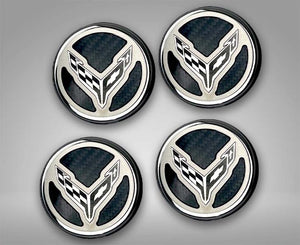 2020-2024 C8 CORVETTE COUPE - CAP COVER SET 4PC CARBON FIBER INSERTS WITH STAINLESS CROSSED FLAGS LOGO | POLISHED/BRUSHED FINISH