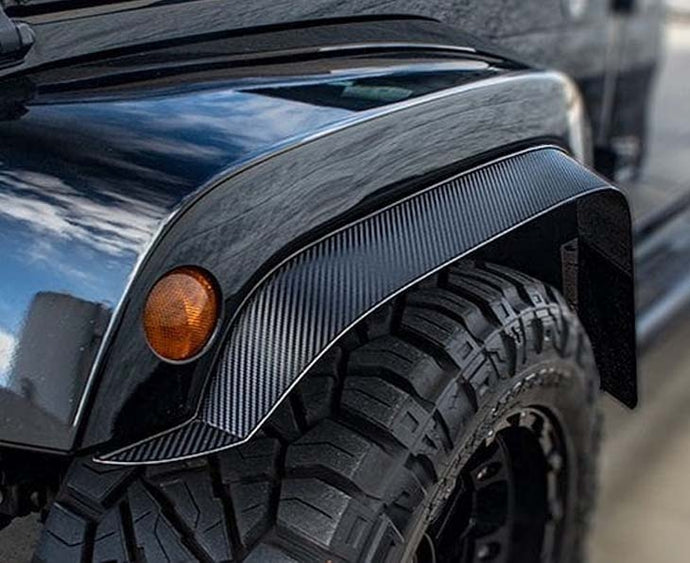 2007-2018 JEEP WRANGLER JK/JKU - TACTICAL FENDER FLARES | CARBON FIBER WRAPPED STAINLESS, CHOOSE MOLDING STYLE | CARBON FIBER WRAPPED FRONT 2PC BLACK