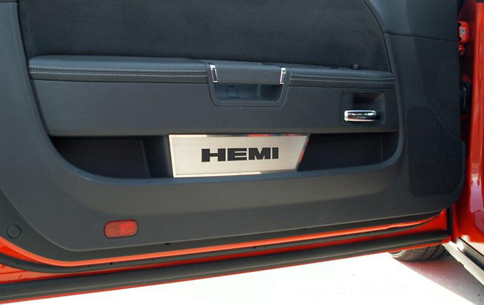 2008-2014 CHALLENGER - DOOR BADGE PLATE W/HEMI LETTERING 2PC | BRUSHED STAINLESS STEEL