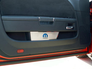 2008-2014 CHALLENGER - DOOR BADGE PLATE WITH BLUE MOPAR OMEGA "M" INLAY 2PC | BRUSHED STAINLESS