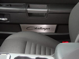 2008-2014 CHALLENGER - DOOR BADGE PLATE W/ETCHED CHALLENGER CLASSIC SCRIPT 2PC | BRUSHED STAINLESS