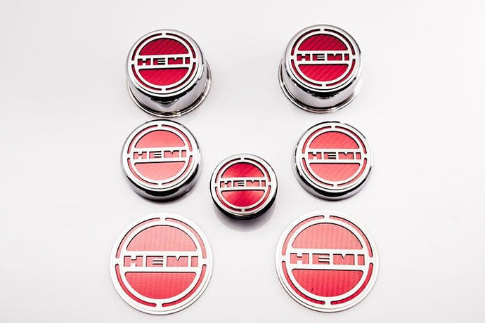 2008-2023 CHALLENGER - HEMI INLAY DELUXE FLUID & SHOCK TOWER CAP COVERS 13PC | CHOOSE INLAY COLOR & ENGINE | 5.7L