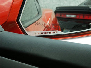 2010-2013 CAMARO - SIDE VIEW MIRROR TRIM 'CAMARO' STYLE 2PC | BRUSHED STAINLESS STEEL