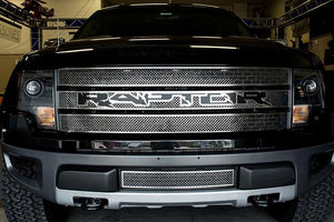 2010-2014 FORD RAPTOR - LASER MESH GRILLE, BLACK BRUSHED RAPTOR LOGO 3PC | STAINLESS STEEL