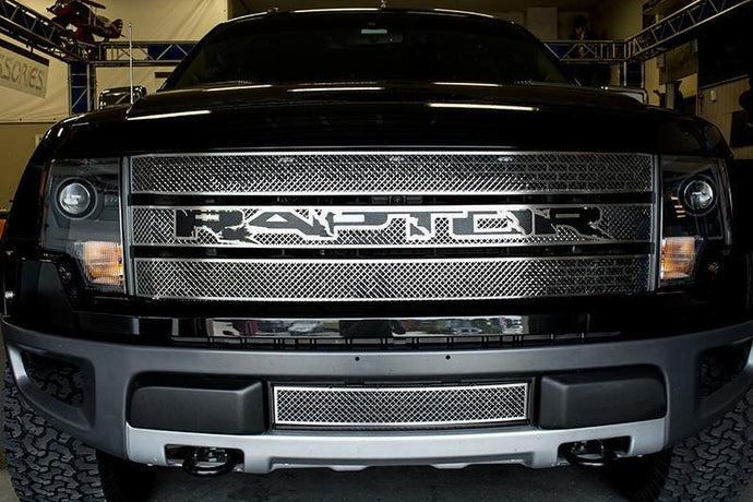 2010-2014 FORD RAPTOR - LASER MESH GRILLE, BLACK BRUSHED RAPTOR LOGO 3PC | STAINLESS STEEL