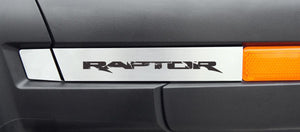 2010-2014 FORD RAPTOR - SIDE VIEW MIRROR ACCENT PLATES ETCHED 'RAPTOR' | STAINLESS STEEL