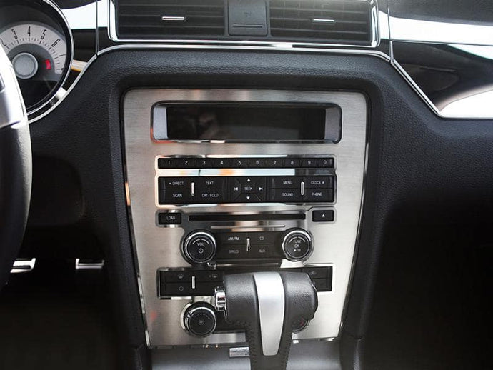 2010-2014 MUSTANG - CENTER DASH TRIM PLATE | BRUSHED STAINLESS STEEL W/POLISHED RINGS