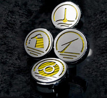 Load image into Gallery viewer, 2010-2014 MUSTANG - FLUID CAP COVERS 4PC | TRIPLE CHROME PLATED, CHOOSE VINYL INLAY COLOR
