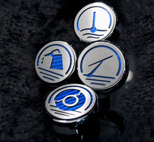 Load image into Gallery viewer, 2010-2014 MUSTANG - FLUID CAP COVERS 4PC | TRIPLE CHROME PLATED, CHOOSE VINYL INLAY COLOR
