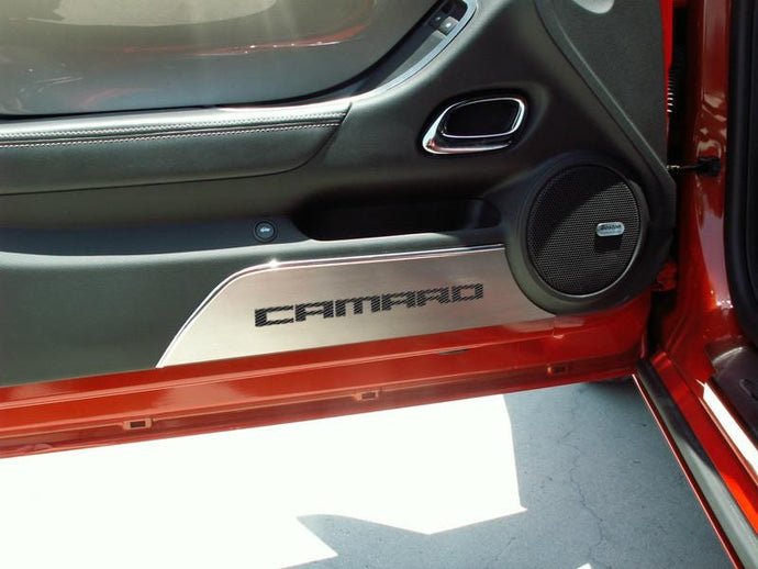 2010-2015 CAMARO - DOOR PANEL KICK PLATES 'CAMARO' 2PC | BRUSHED STAINLESS, CHOOSE INLAY COLOR