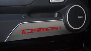 2010-2015 CAMARO - DOOR PANEL KICK PLATES 'CAMARO' 2PC | BRUSHED STAINLESS, CHOOSE INLAY COLOR