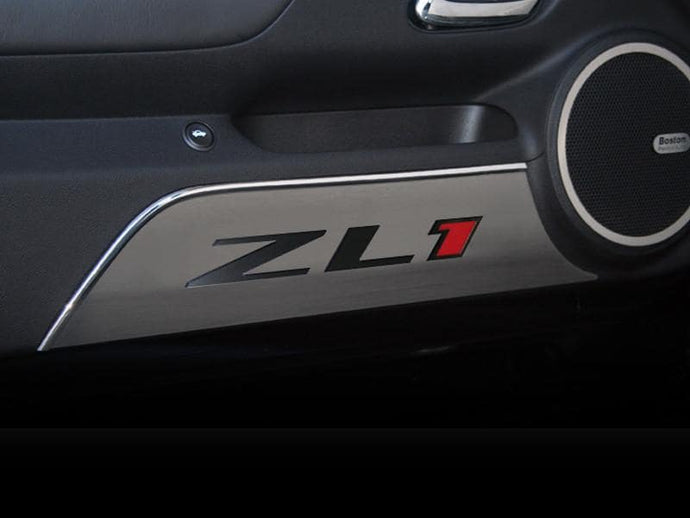 2012-2015 CAMARO ZL1 - DOOR PANEL KICK PLATES 'ZL1' POLISHED LETTERING 2PC | BRUSHED STAINLESS STEEL