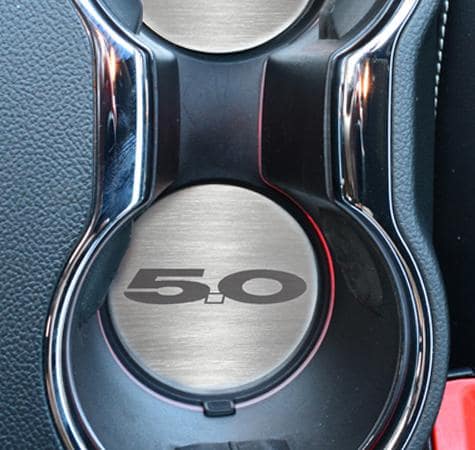 2015-2020 MUSTANG GT - '5.0' CUP HOLDER ACCENT PLATES 2PC | BRUSHED STAINLESS STEEL