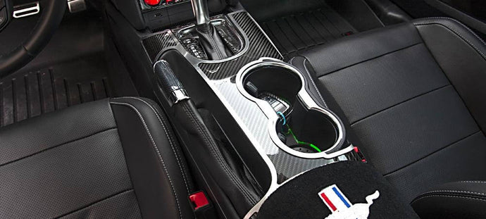 2015-2021 FORD MUSTANG - CARBON FIBER SHIFTER PLATE W/BRUSHED STAINLESS TRIM | PREMIUM CARBON FIBER