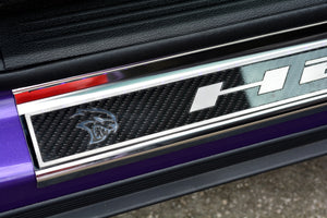 2015-2023 HELLCAT/DEMON REDEYE CHALLENGER - LED HELLCAT DOOR SILLS | STAINLESS W/REAL CARBON FIBER OVERLAY, CHOOSE COLOR