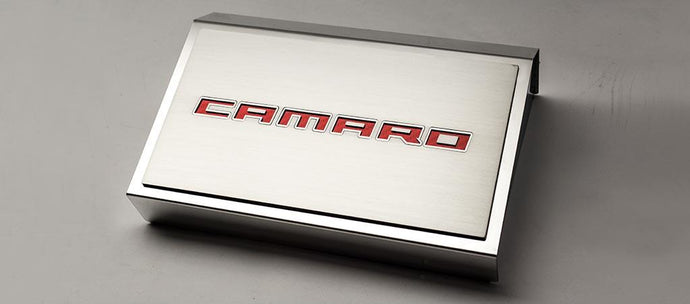 2016-2021 CAMARO - FUSE BOX COVER BRUSHED W/BRUSHED CAMARO TOP PLATE | STAINLESS STEEL, CHOOSE COLOR