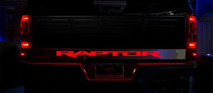 2017-2019 FORD RAPTOR - LIGHT UP 'RAPTOR' TAILGATE ROCKER PANEL | BRUSHED STAINLESS STEEL W/RED LED