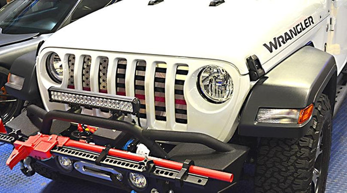 2018-2023 JEEP WRANGLER JL - FRONT GRILLE AMERICAN FLAG | BRUSHED STAINLESS, CHOOSE LINE COLOR