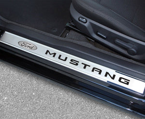 2010-2014 MUSTANG - OUTER DOOR SILLS FORD OVAL W/'MUSTANG INLAY 2PC | POLISHED/BRUSHED STAINLESS STEEL, CHOOSE COLOR