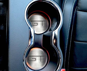 2015-2020 MUSTANG GT - 'GT' CUP HOLDER ACCENT PLATES 2PC | BRUSHED STAINLESS STEEL