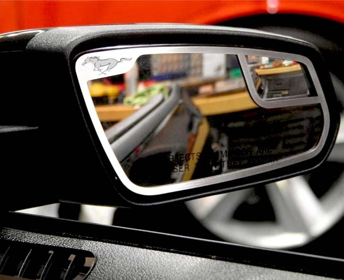 2011-2012 MUSTANG - SIDE VIEW MIRROR TRIM PONY STYLE 2PC | BRUSHED STAINLESS STEEL