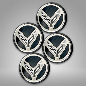 2020-2024 C8 CORVETTE COUPE - CAP COVER SET 4PC CARBON FIBER INSERTS WITH STAINLESS CROSSED FLAGS LOGO | POLISHED/BRUSHED FINISH