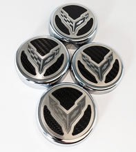 Load image into Gallery viewer, 2020-2024 C8 CORVETTE COUPE - CAP COVER SET 4PC CARBON FIBER INSERTS WITH STAINLESS CROSSED FLAGS LOGO | POLISHED/BRUSHED FINISH
