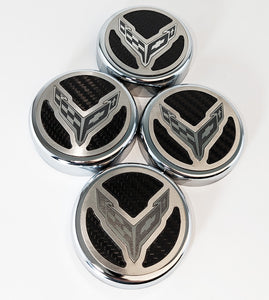 2020-2024 C8 CORVETTE COUPE - CAP COVER SET 4PC CARBON FIBER INSERTS WITH STAINLESS CROSSED FLAGS LOGO | POLISHED/BRUSHED FINISH