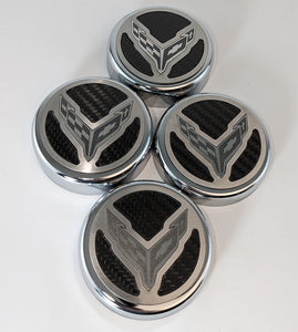 2020-2024 C8 CORVETTE COUPE - CAP COVER SET 4PC CARBON FIBER INSERTS WITH STAINLESS CROSSED FLAGS LOGO | POLISHED/BRUSHED FINISH