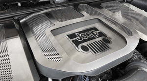 2007-2018 JEEP WRANGLER JK - V6 ENGINE SHROUD BRUSHED WITH POLISHED PERFORATION & JEEP LOGO BLACK CARBON FIBER | LED OPTIONAL