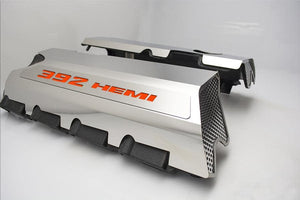 2011-2023 CHALLENGER 392 6.4L - FUEL RAIL COVERS WITH 392 HEMI INLAY | POLISHED FINISH, CHOOSE VINYL INLAY COLOR (MANUAL)