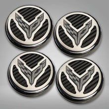 Load image into Gallery viewer, 2020-2024 C8 CORVETTE COUPE - CAP COVER SET 4PC CARBON FIBER INSERTS WITH STAINLESS CROSSED FLAGS LOGO | POLISHED/BRUSHED FINISH
