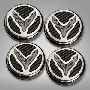 2020-2024 C8 CORVETTE COUPE - CAP COVER SET 4PC CARBON FIBER INSERTS WITH STAINLESS CROSSED FLAGS LOGO | POLISHED/BRUSHED FINISH