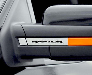 2010-2014 FORD RAPTOR - SIDE VIEW MIRROR ACCENT PLATES ETCHED 'RAPTOR' | STAINLESS STEEL