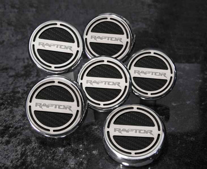 FORD RAPTOR - ENGINE FLUID CAP COVERS WITH RAPTOR LOGO 6PC | TRIPLE PLATED CHROME, CHOOSE COLORED INLAY