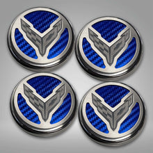 Load image into Gallery viewer, 2020-2024 C8 CORVETTE COUPE - CAP COVER SET 4PC CARBON FIBER INSERTS WITH STAINLESS CROSSED FLAGS LOGO | POLISHED/BRUSHED FINISH
