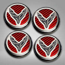 Load image into Gallery viewer, 2020-2024 C8 CORVETTE COUPE - CAP COVER SET 4PC CARBON FIBER INSERTS WITH STAINLESS CROSSED FLAGS LOGO | POLISHED/BRUSHED FINISH
