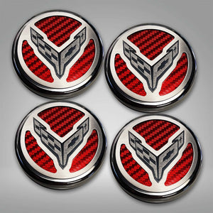 2020-2024 C8 CORVETTE COUPE - CAP COVER SET 4PC CARBON FIBER INSERTS WITH STAINLESS CROSSED FLAGS LOGO | POLISHED/BRUSHED FINISH