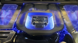 2007-2018 JEEP WRANGLER JK - V6 ENGINE SHROUD BRUSHED WITH POLISHED PERFORATION & JEEP LOGO BLACK CARBON FIBER | LED OPTIONAL