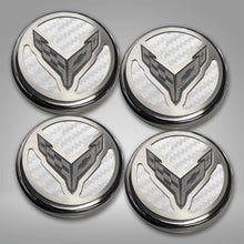 Load image into Gallery viewer, 2020-2024 C8 CORVETTE COUPE - CAP COVER SET 4PC CARBON FIBER INSERTS WITH STAINLESS CROSSED FLAGS LOGO | POLISHED/BRUSHED FINISH
