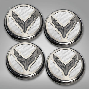 2020-2024 C8 CORVETTE COUPE - CAP COVER SET 4PC CARBON FIBER INSERTS WITH STAINLESS CROSSED FLAGS LOGO | POLISHED/BRUSHED FINISH